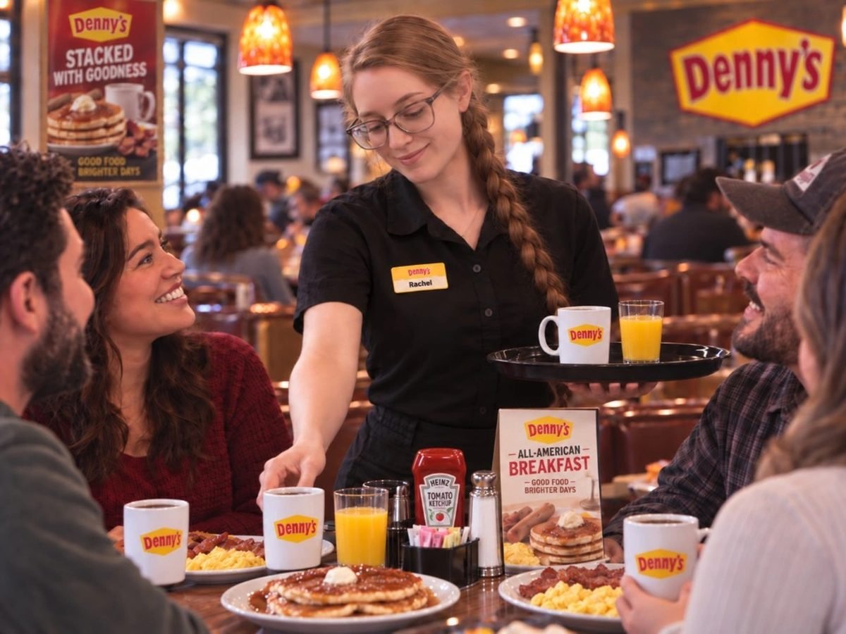 Illustration of Rachel handing a plate across the pass during a dinner rush at Denny's